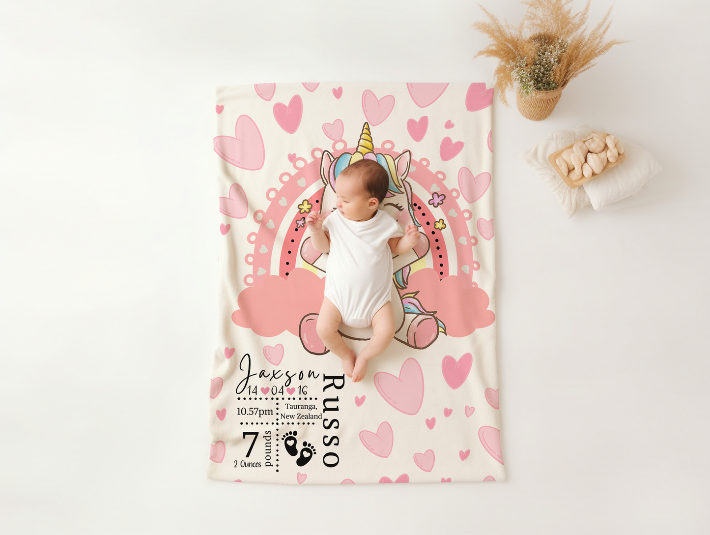 Custom Birth Stat Pink Unicorn Blanket